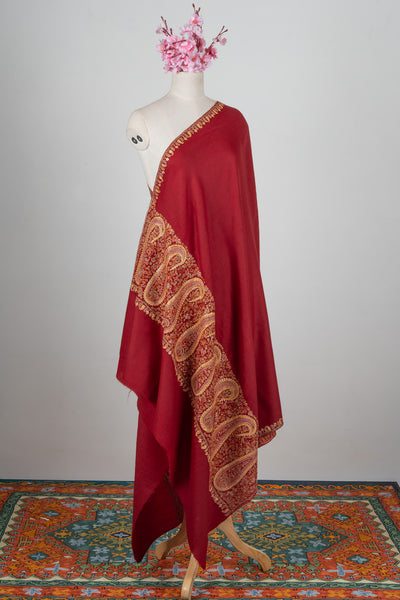 Crimson Legacy Sozni Hand Embroidered Merino Wool Shawl