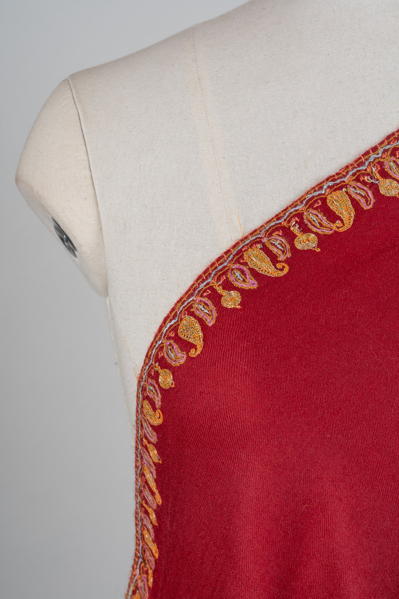 Crimson Legacy Sozni Hand Embroidered Merino Wool Shawl