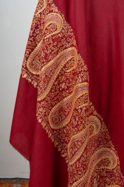 Crimson Legacy Sozni Hand Embroidered Merino Wool Shawl