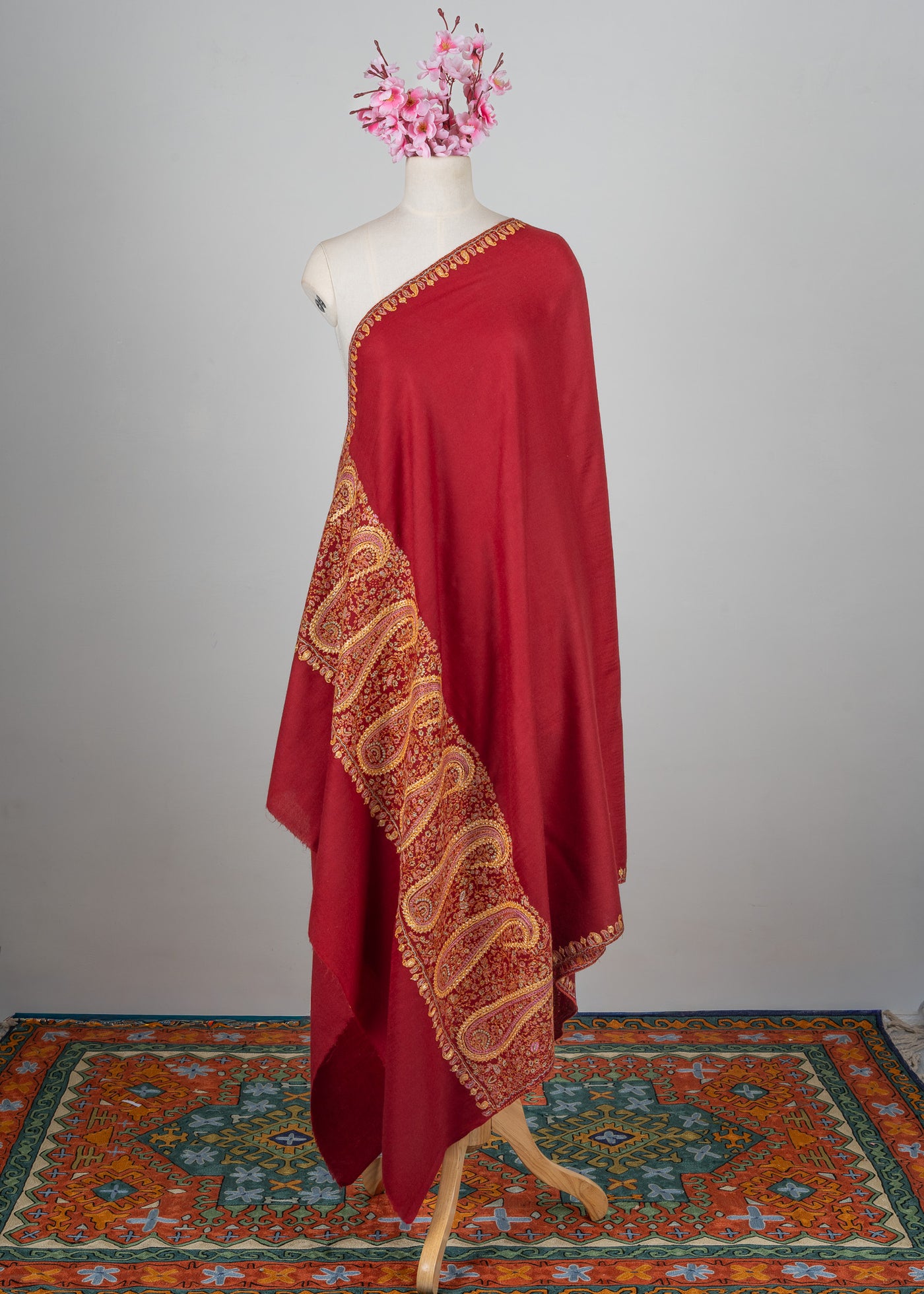 Crimson Legacy Sozni Hand Embroidered Merino Wool Shawl