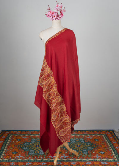 Crimson Legacy Sozni Hand Embroidered Merino Wool Shawl