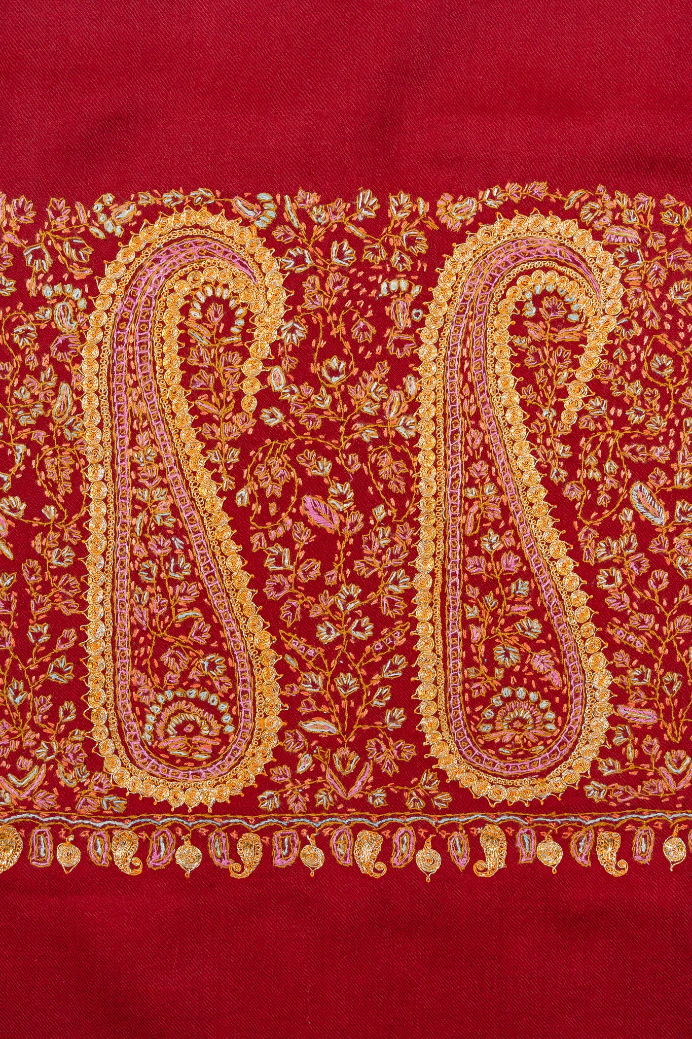 Crimson Legacy Sozni Hand Embroidered Merino Wool Shawl