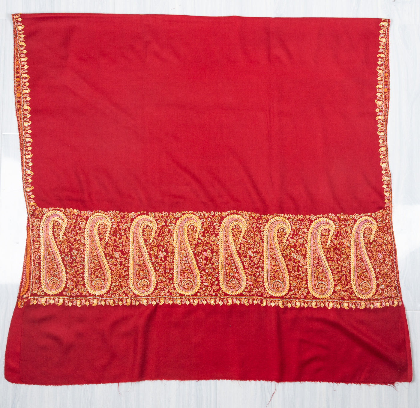 Crimson Legacy Sozni Hand Embroidered Merino Wool Shawl