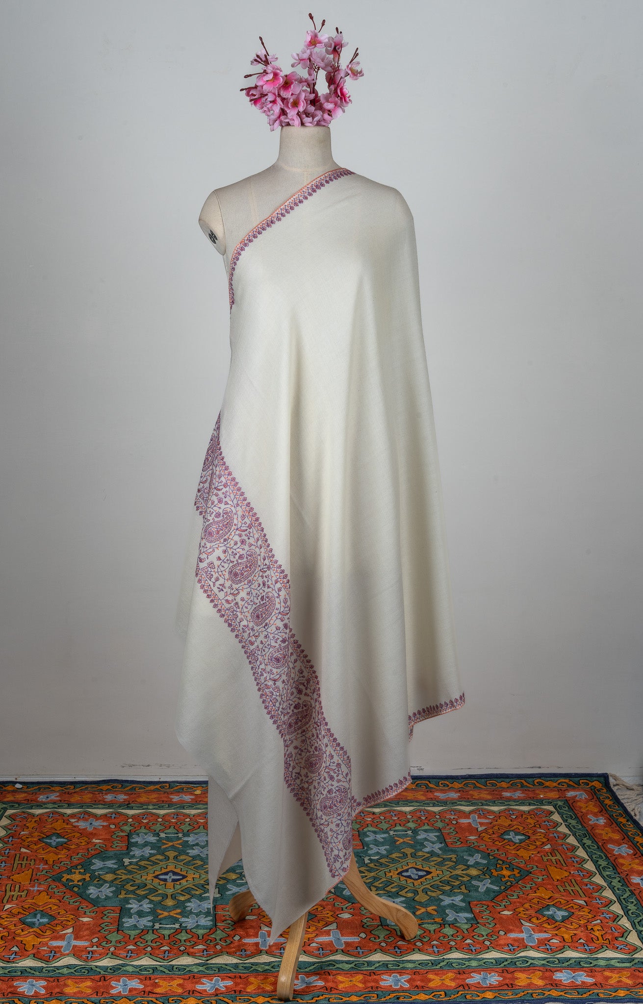 Ivory Orchid Sozni Hand Embroidered Merino Wool Shawl