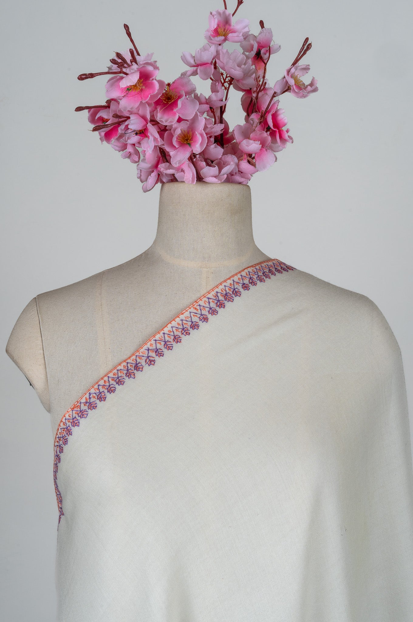 Ivory Orchid Sozni Hand Embroidered Merino Wool Shawl
