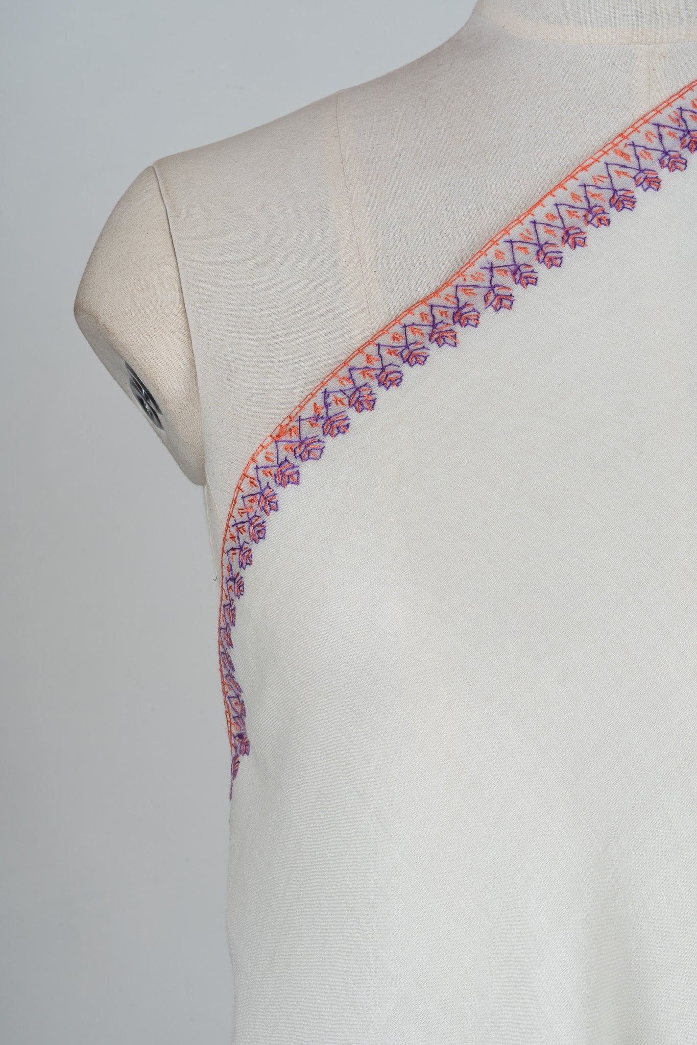 Ivory Orchid Sozni Hand Embroidered Merino Wool Shawl