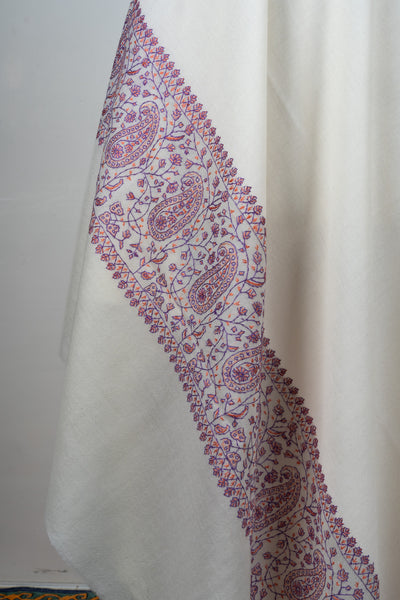 Ivory Orchid Sozni Hand Embroidered Merino Wool Shawl
