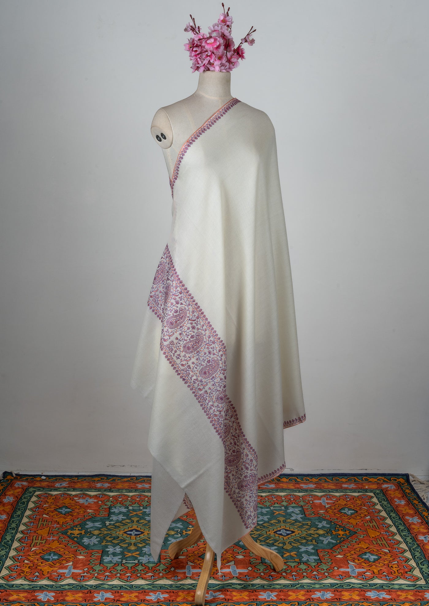 Ivory Orchid Sozni Hand Embroidered Merino Wool Shawl