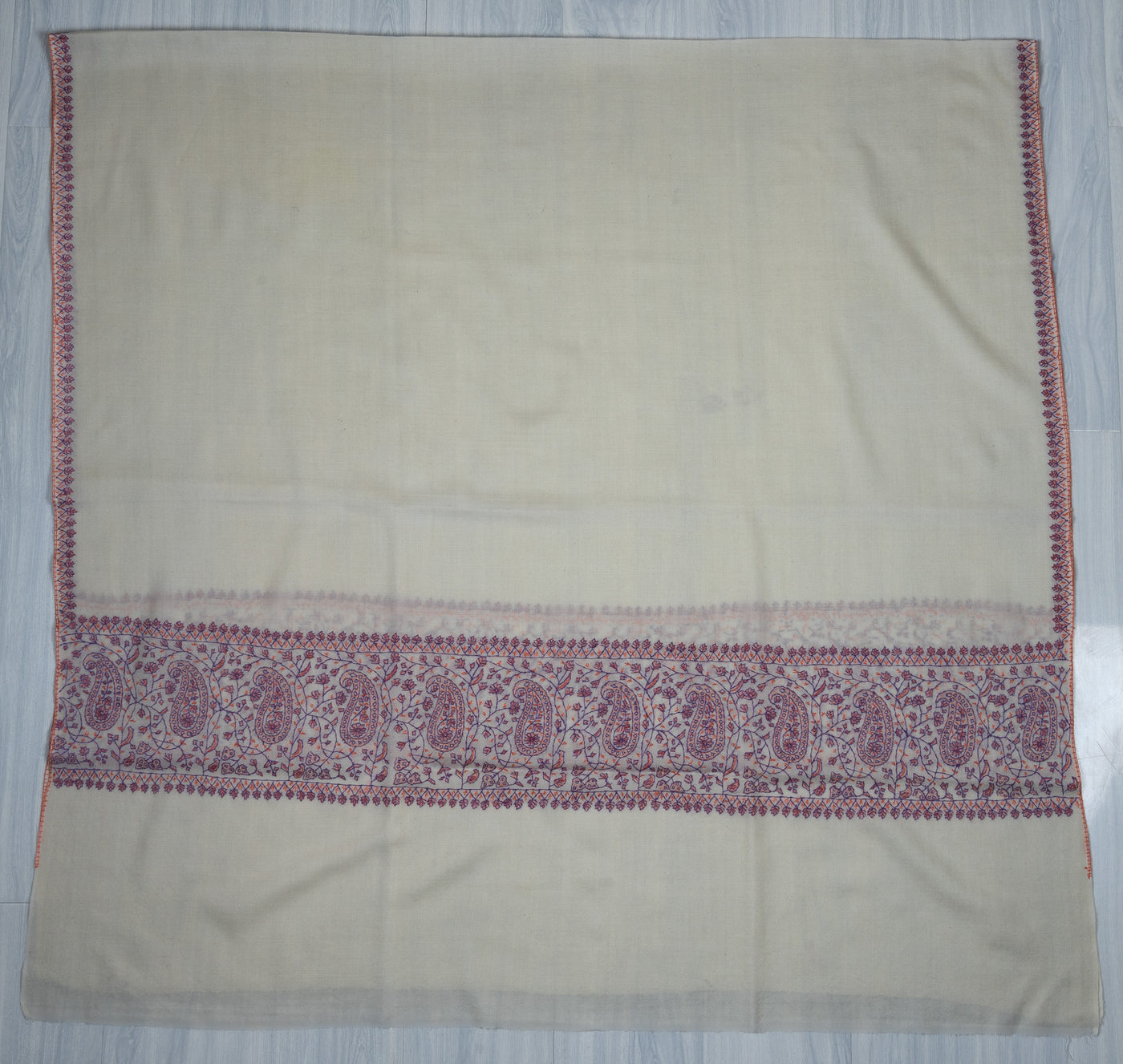 Ivory Orchid Sozni Hand Embroidered Merino Wool Shawl