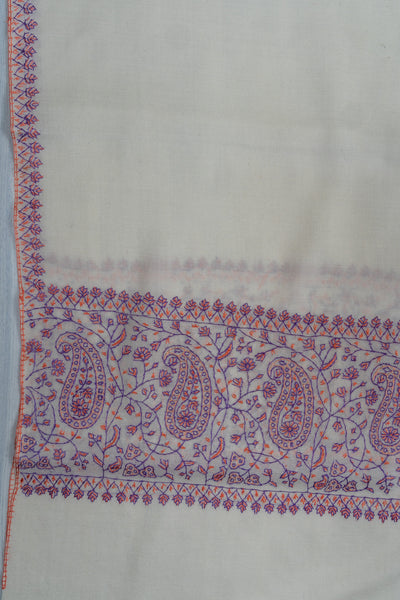 Ivory Orchid Sozni Hand Embroidered Merino Wool Shawl