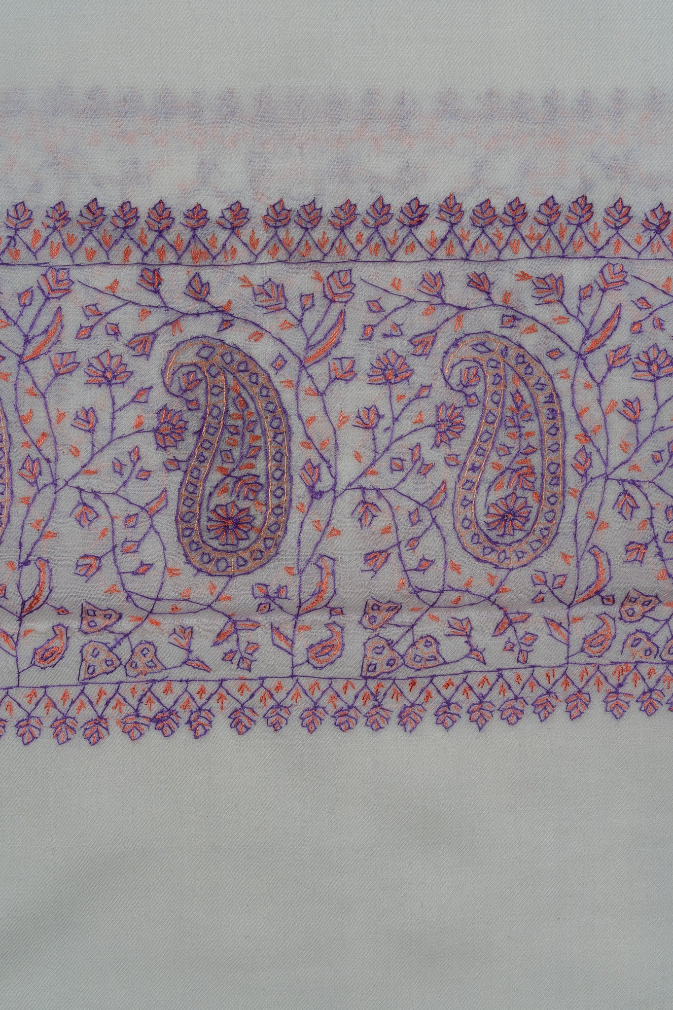 Ivory Orchid Sozni Hand Embroidered Merino Wool Shawl