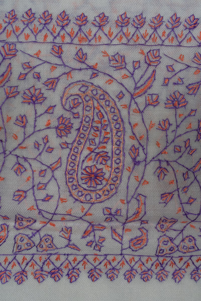 Ivory Orchid Sozni Hand Embroidered Merino Wool Shawl
