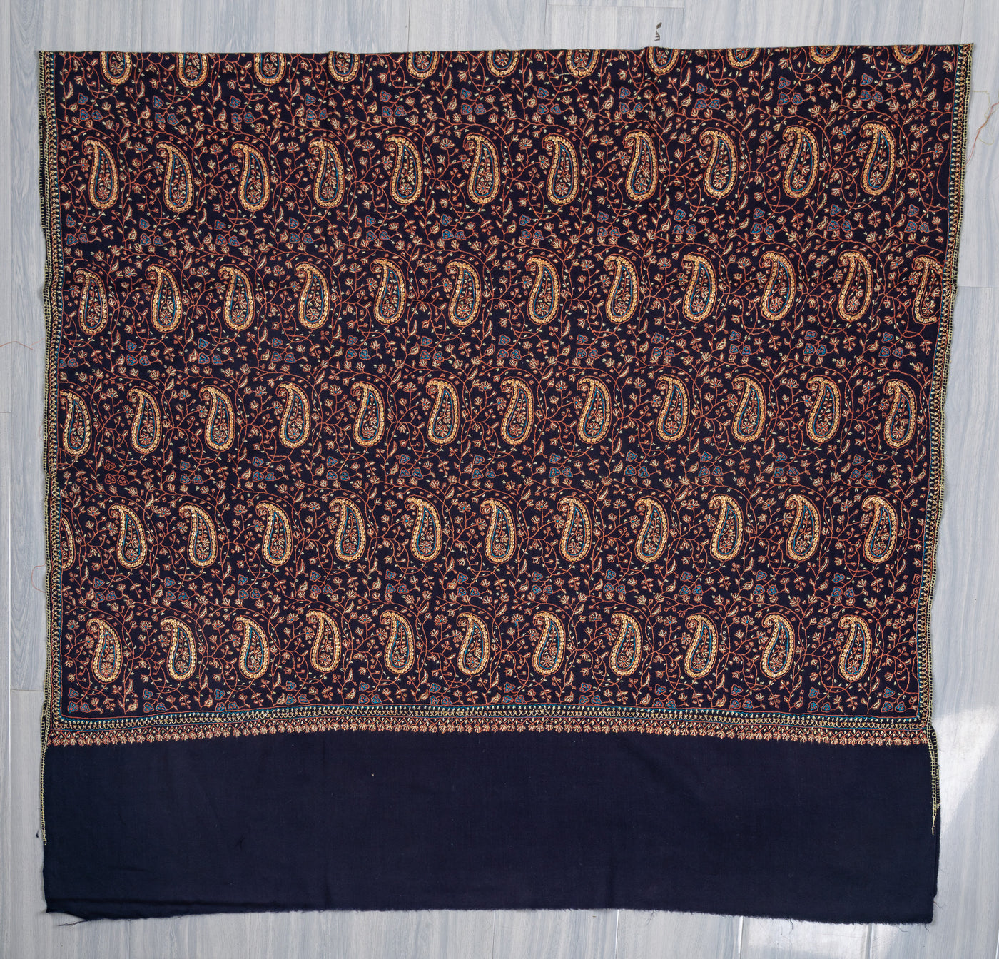 Midnight Paisley Sozni Hand Embroidered Merino Wool Shawl
