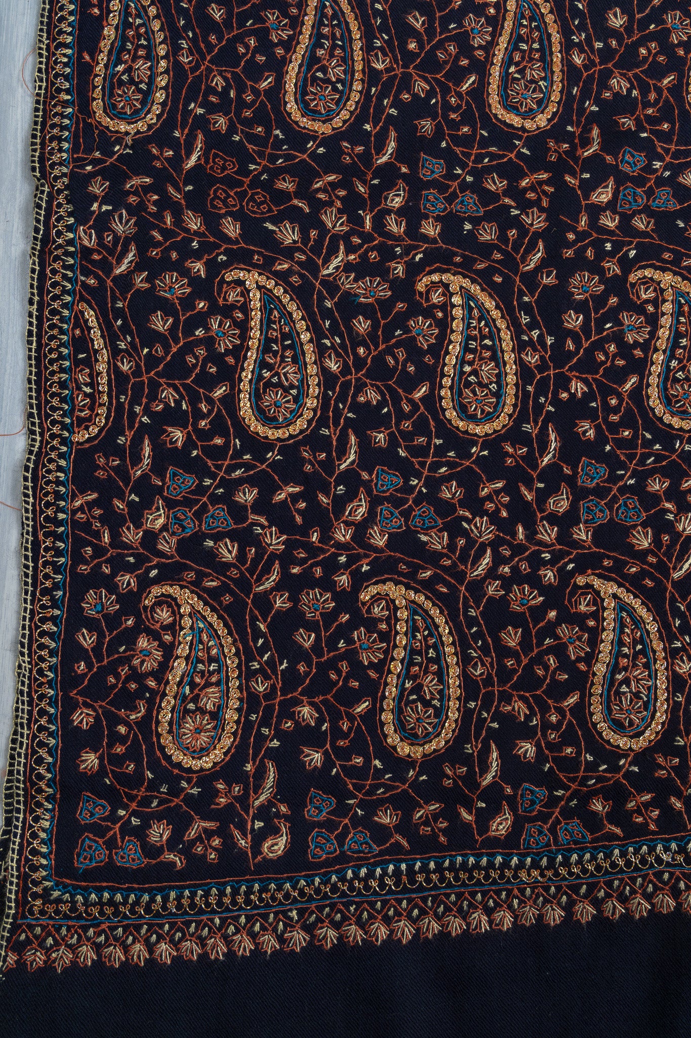 Midnight Paisley Sozni Hand Embroidered Merino Wool Shawl