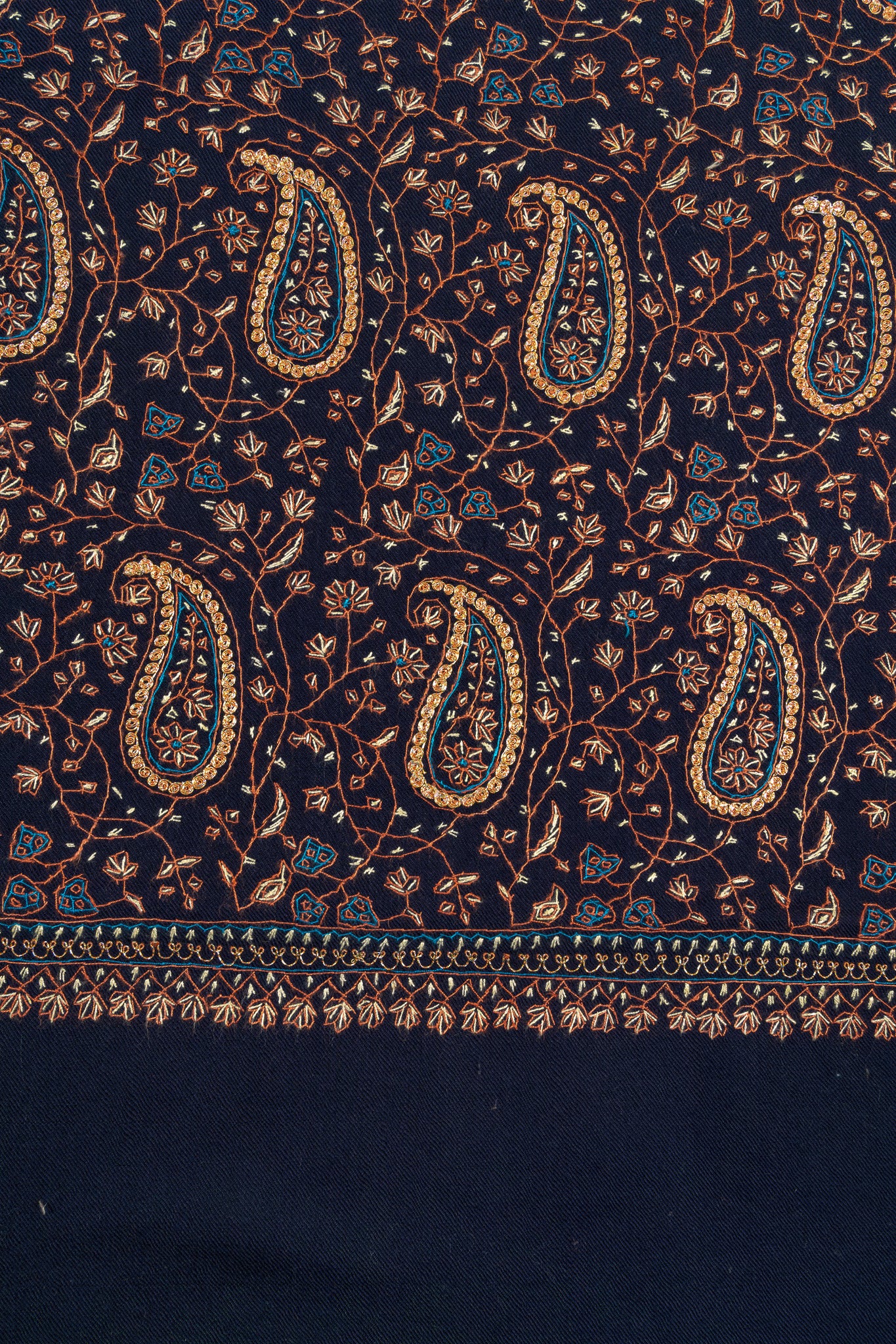 Midnight Paisley Sozni Hand Embroidered Merino Wool Shawl