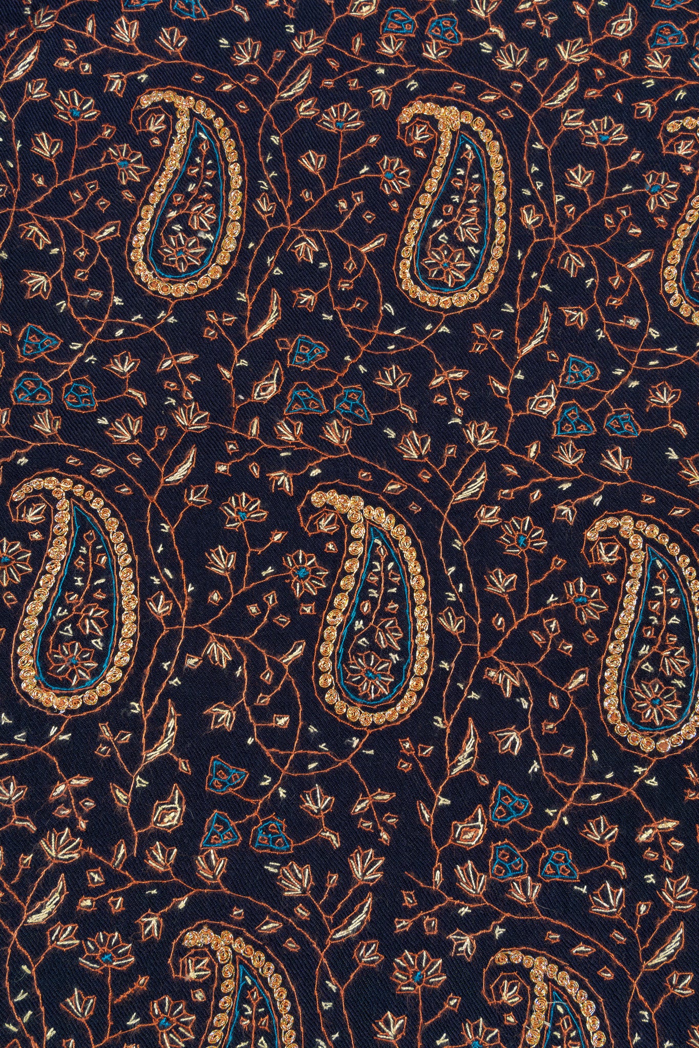 Midnight Paisley Sozni Hand Embroidered Merino Wool Shawl