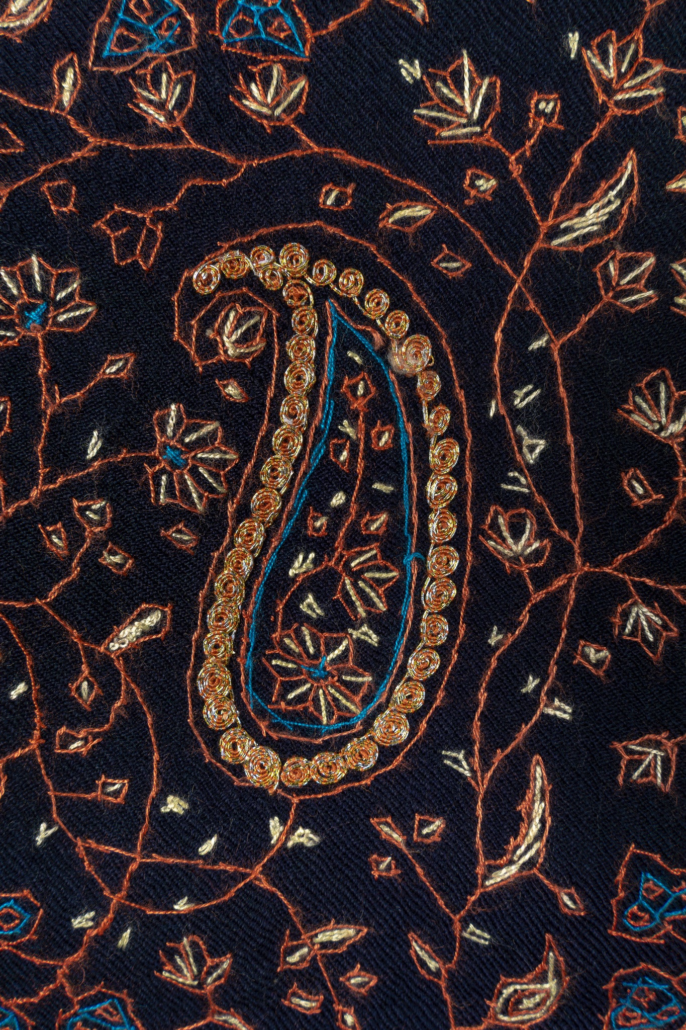 Midnight Paisley Sozni Hand Embroidered Merino Wool Shawl
