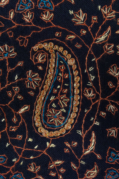 Midnight Paisley Sozni Hand Embroidered Merino Wool Shawl