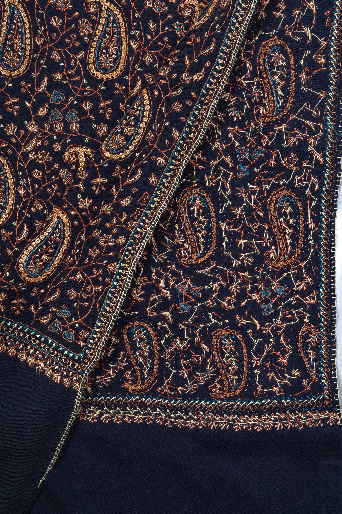 Midnight Paisley Sozni Hand Embroidered Merino Wool Shawl