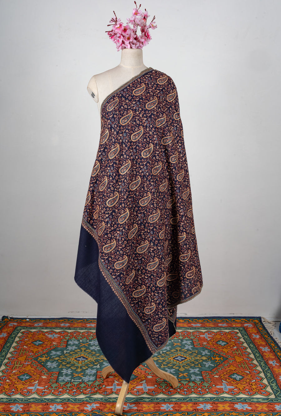 Midnight Paisley Sozni Hand Embroidered Merino Wool Shawl