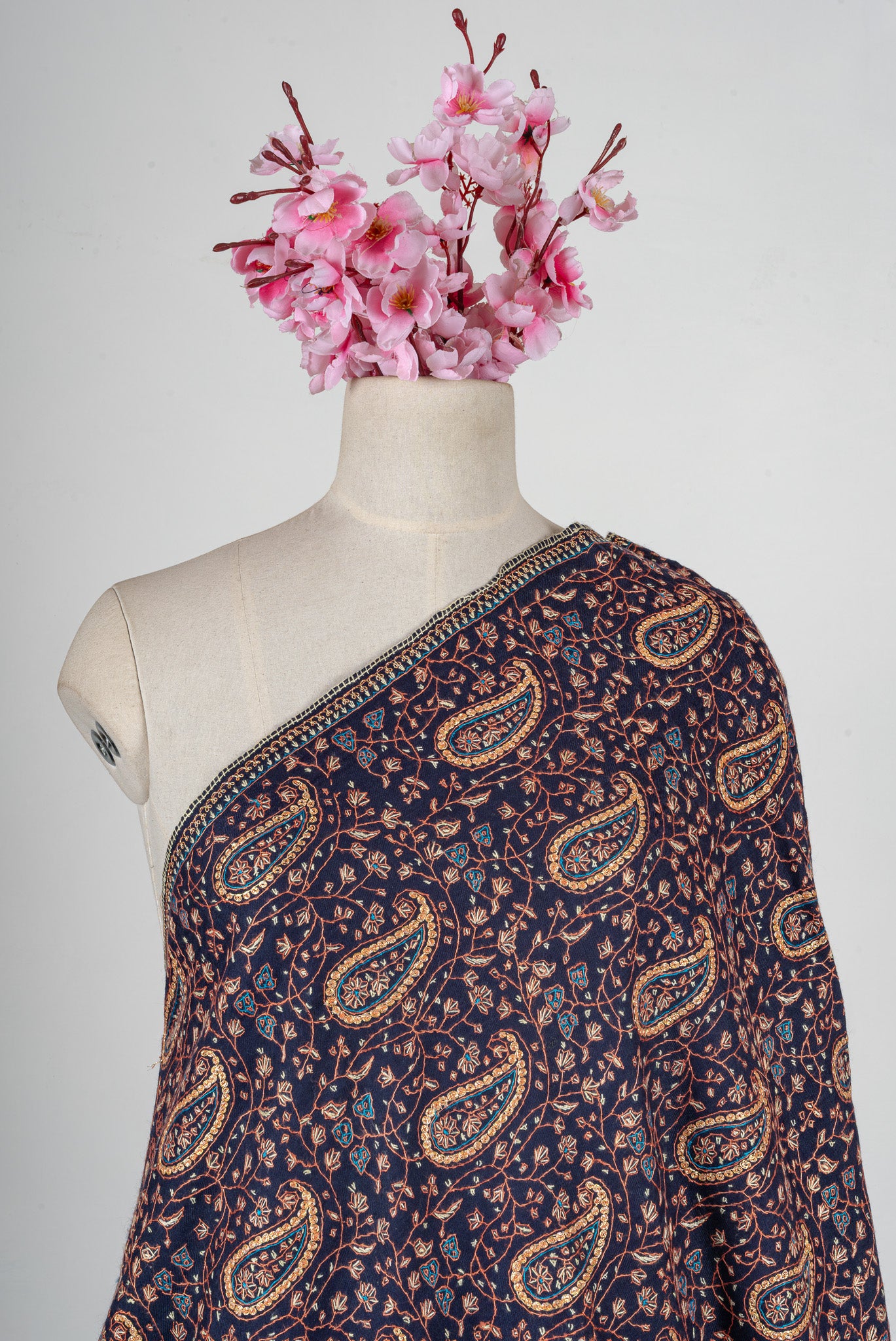 Midnight Paisley Sozni Hand Embroidered Merino Wool Shawl