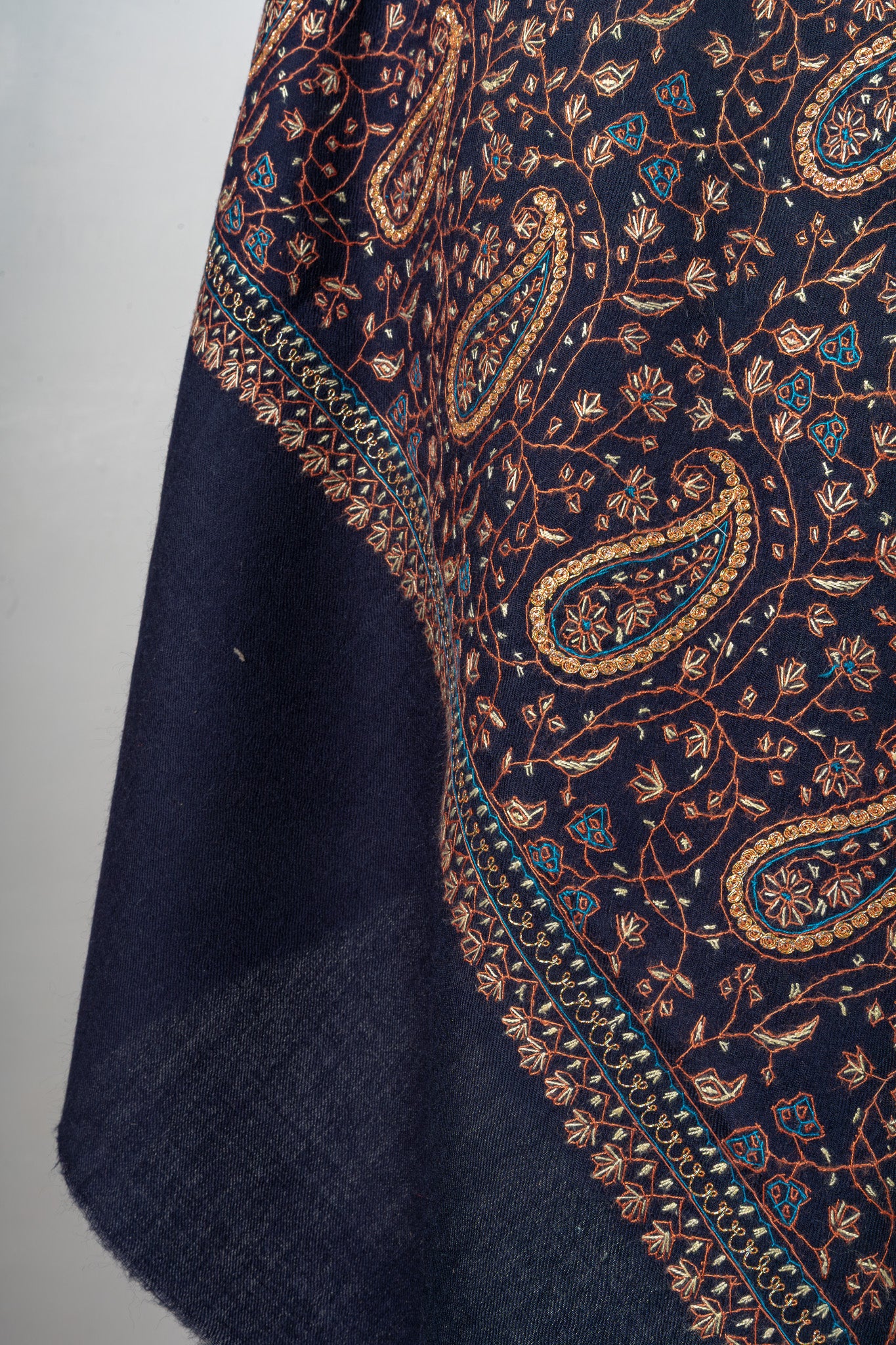 Midnight Paisley Sozni Hand Embroidered Merino Wool Shawl