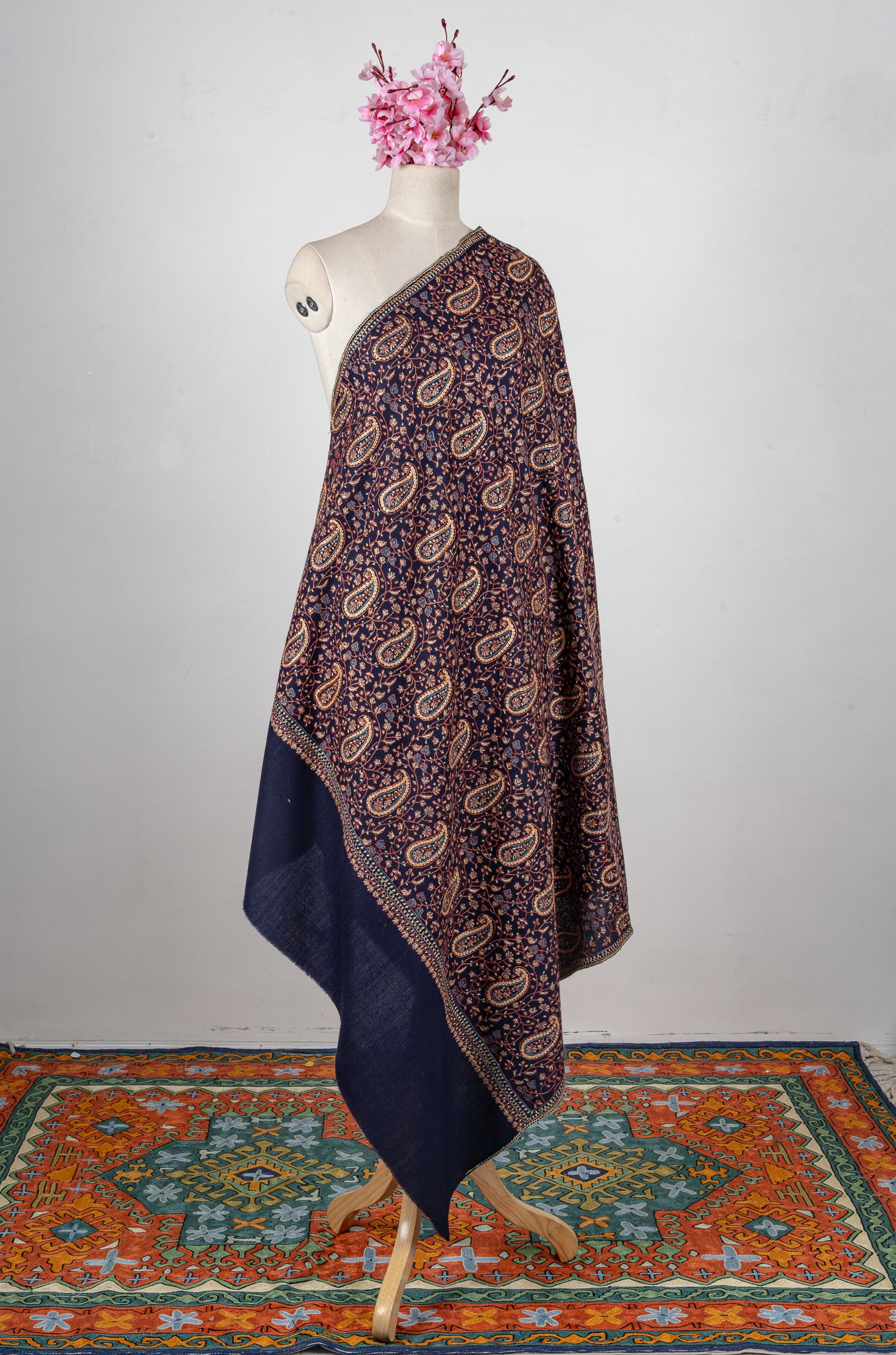 Midnight Paisley Sozni Hand Embroidered Merino Wool Shawl