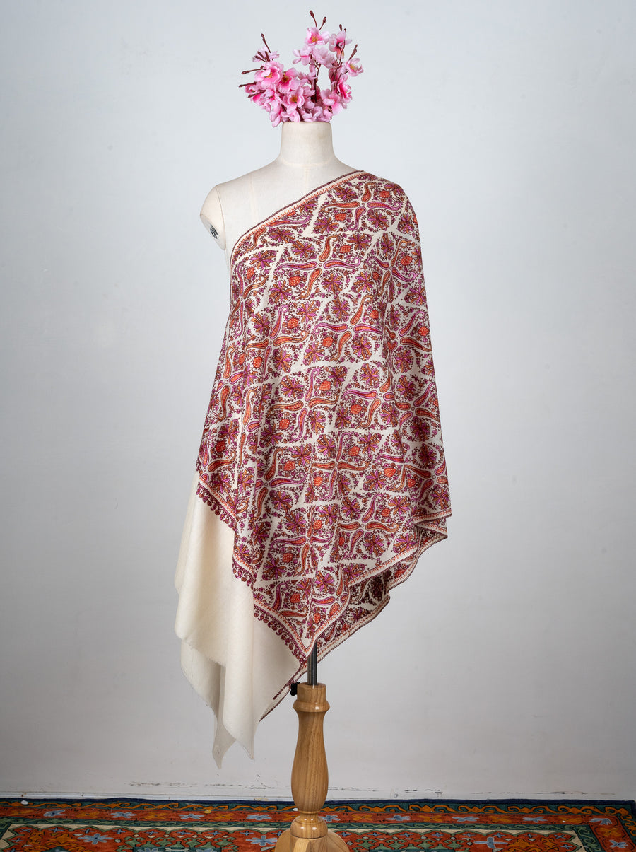 Meadow Mosaic Sozni Hand Embroidered Merino Wool Stole