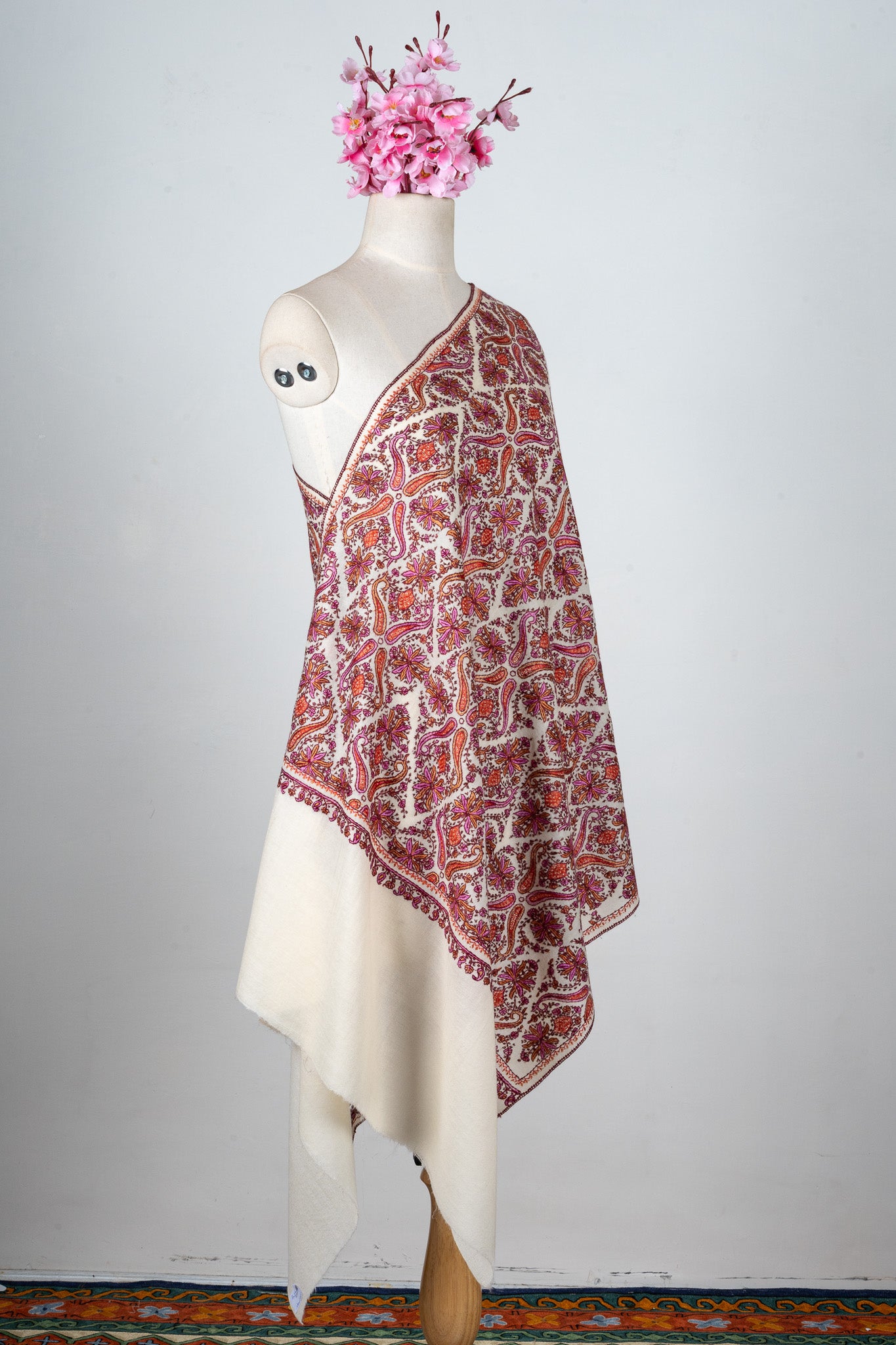 Meadow Mosaic Sozni Hand Embroidered Merino Wool Scarf