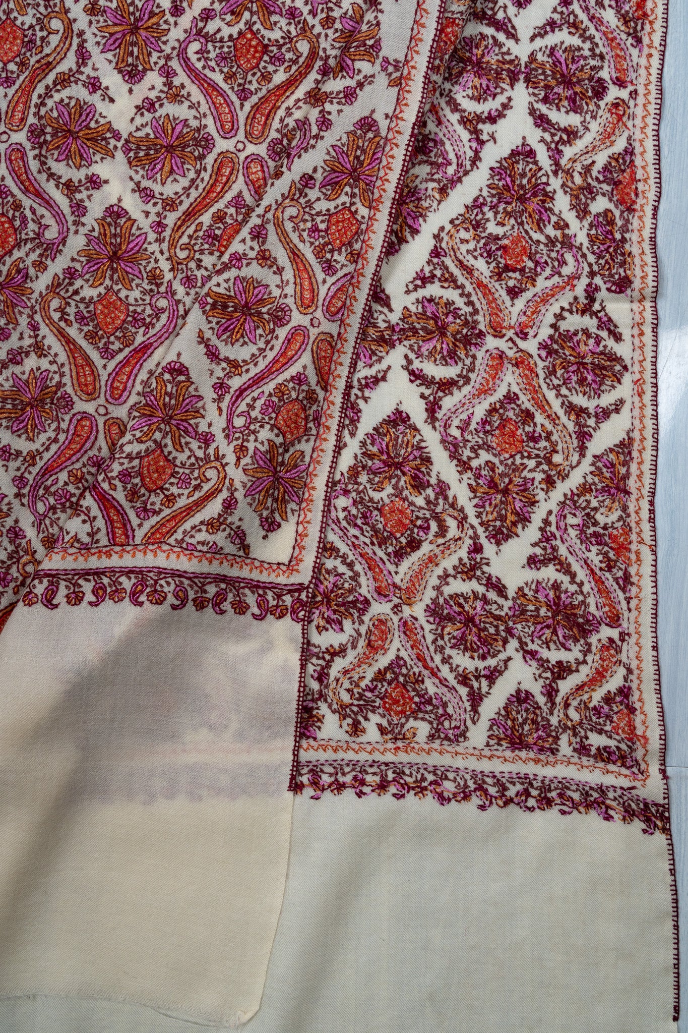 Meadow Mosaic Sozni Hand Embroidered Merino Wool Scarf