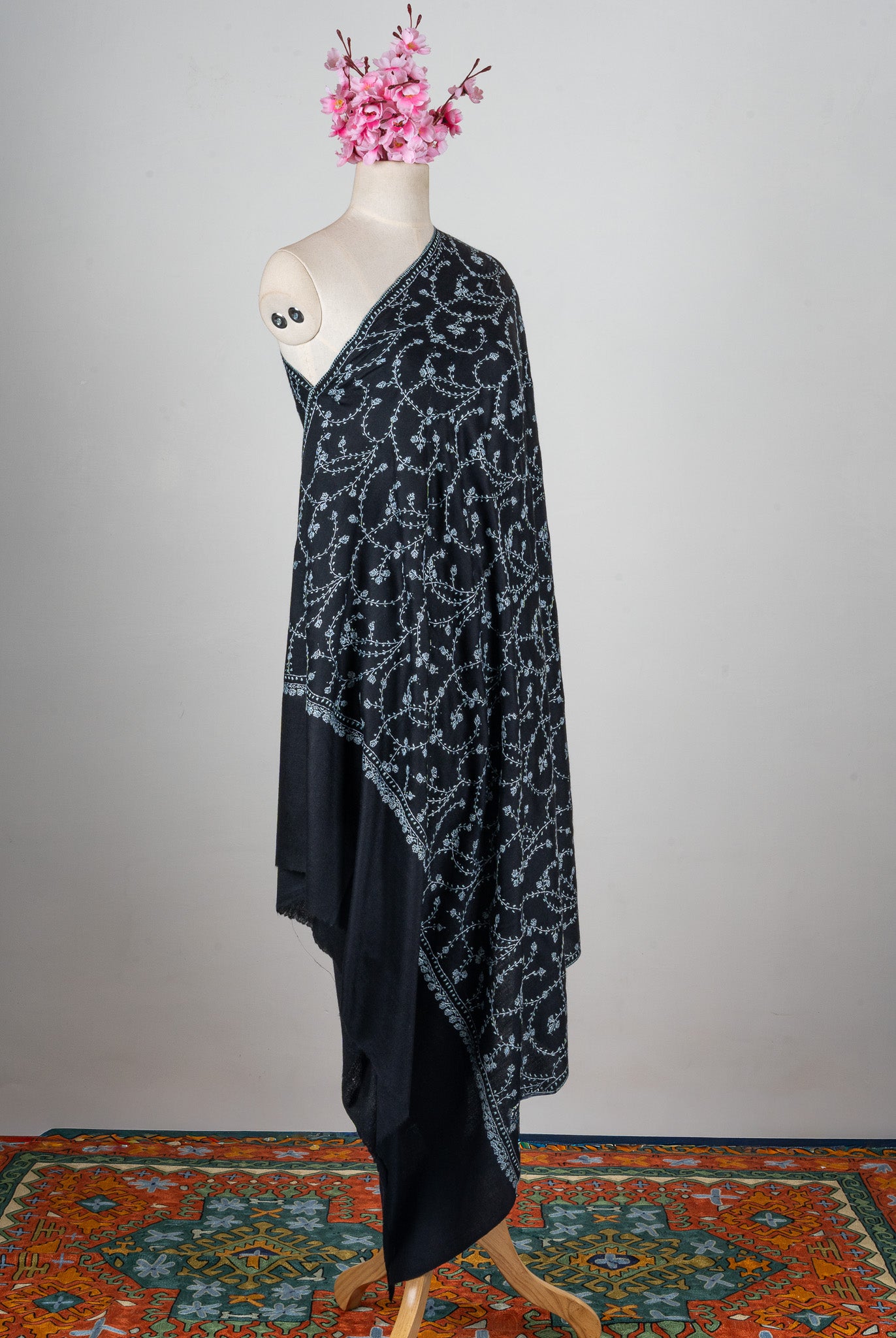 Noir Blossom Sozni Hand Embroidered Merino Wool Shawl