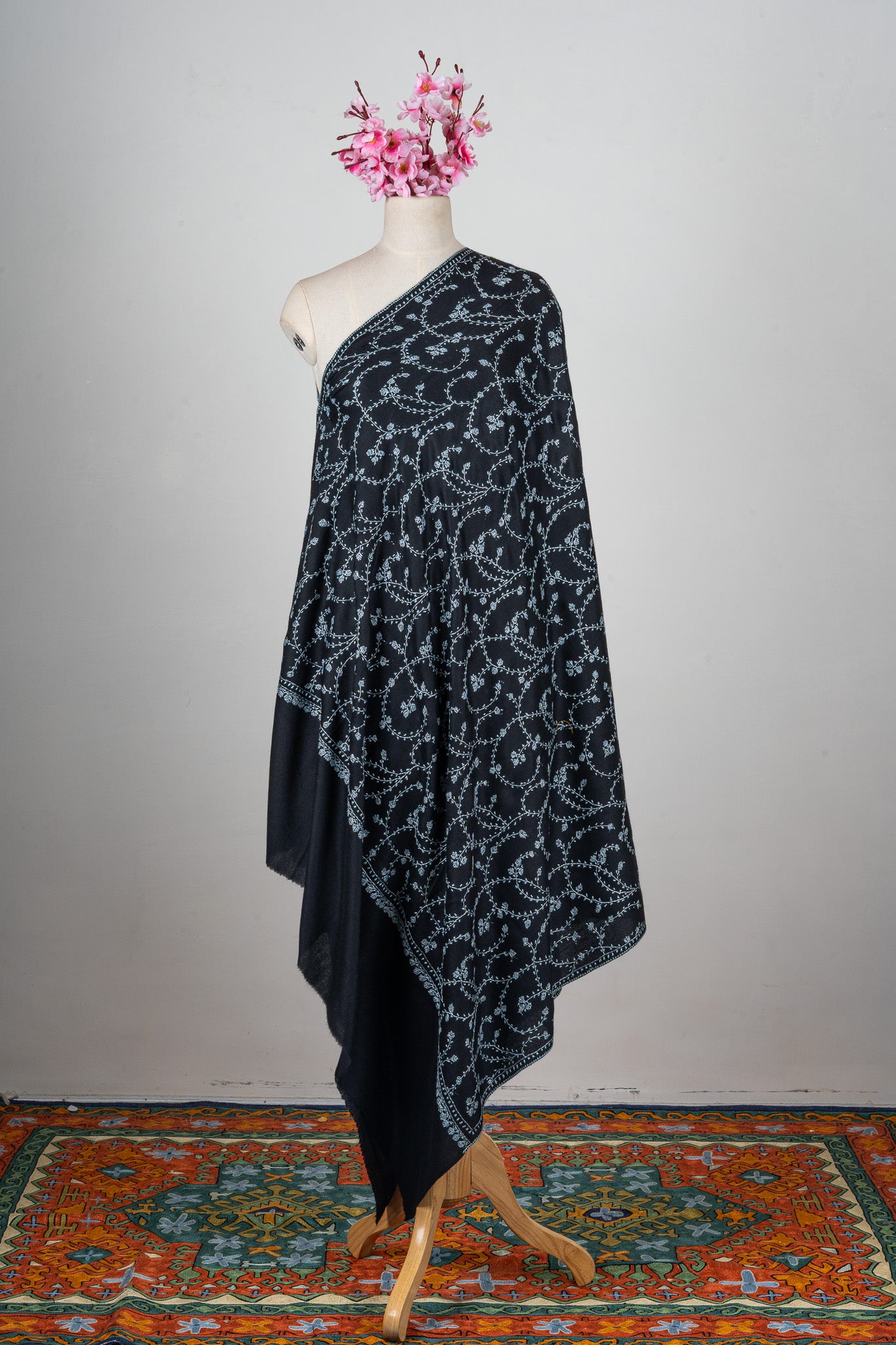 Noir Blossom Sozni Hand Embroidered Merino Wool Shawl