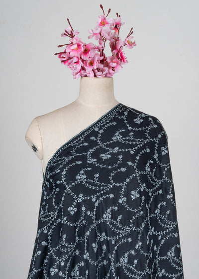 Noir Blossom Sozni Hand Embroidered Merino Wool Shawl