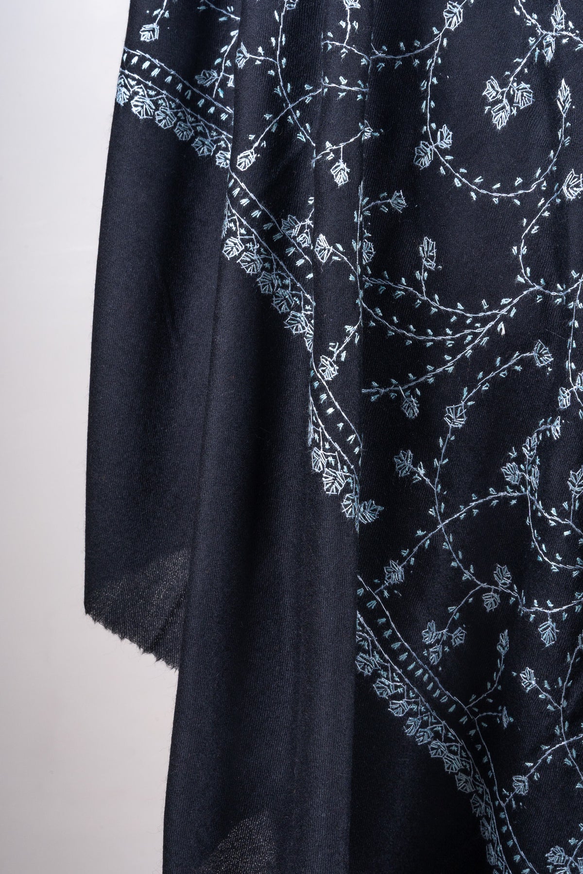 Noir Blossom Sozni Hand Embroidered Merino Wool Shawl
