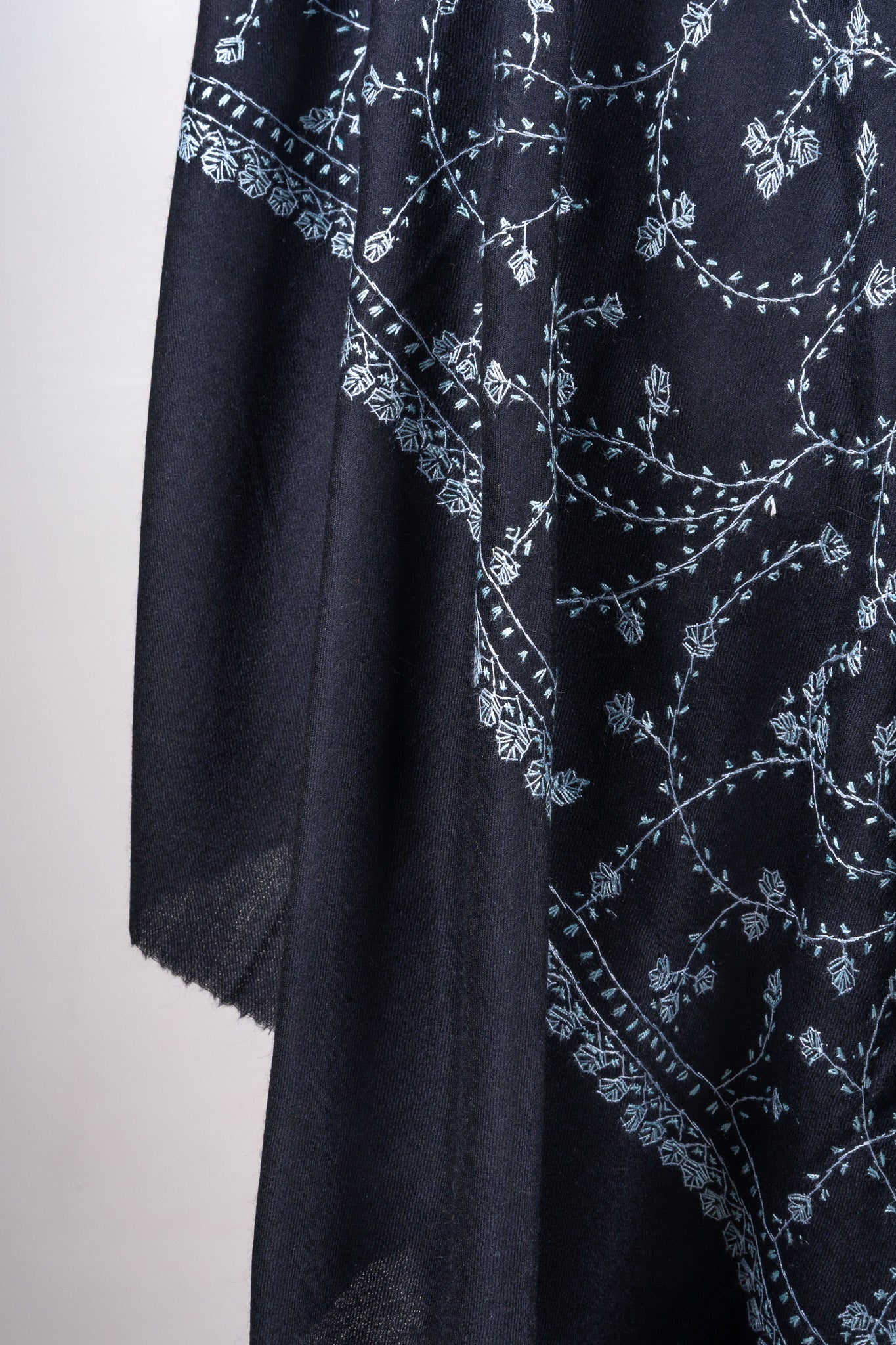Noir Blossom Sozni Hand Embroidered Merino Wool Shawl