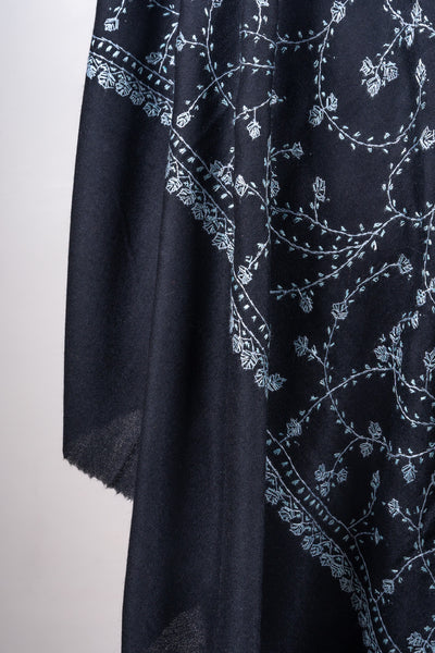 Noir Blossom Sozni Hand Embroidered Merino Wool Shawl