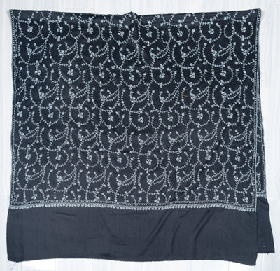 Noir Blossom Sozni Hand Embroidered Merino Wool Shawl