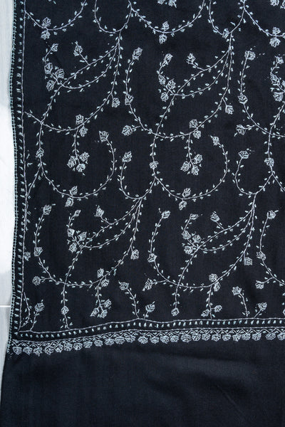 Noir Blossom Sozni Hand Embroidered Merino Wool Shawl