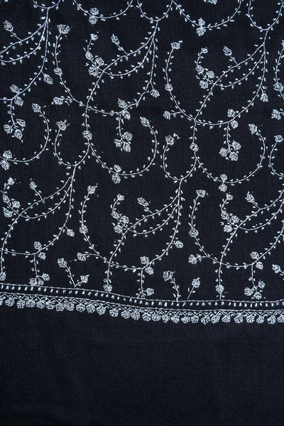 Noir Blossom Sozni Hand Embroidered Merino Wool Shawl