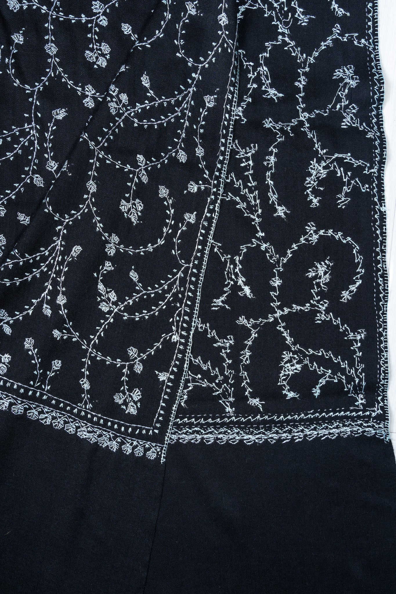 Noir Blossom Sozni Hand Embroidered Merino Wool Shawl