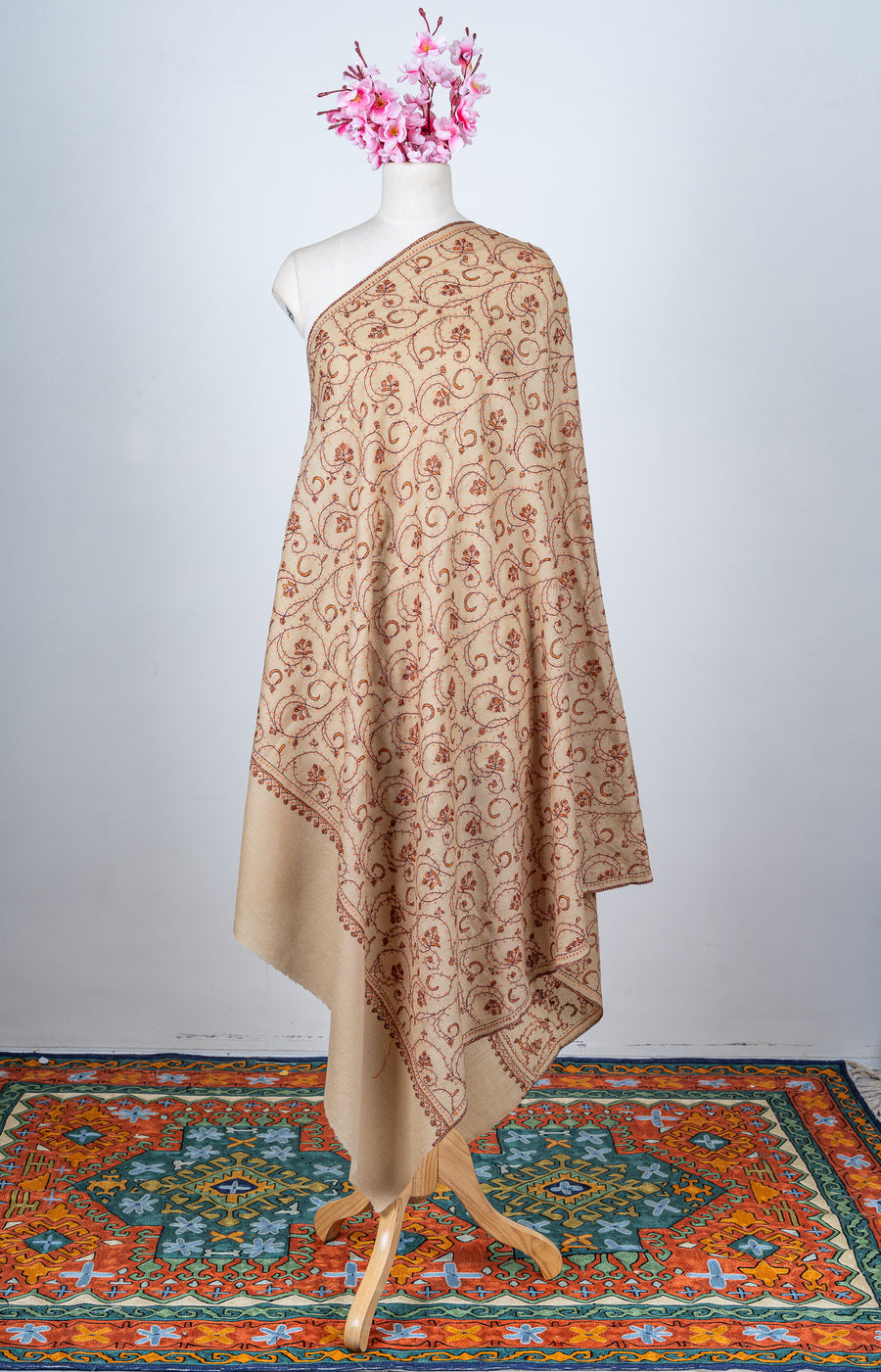 Sandstone Vine Sozni Hand Embroidered Merino Wool Shawl