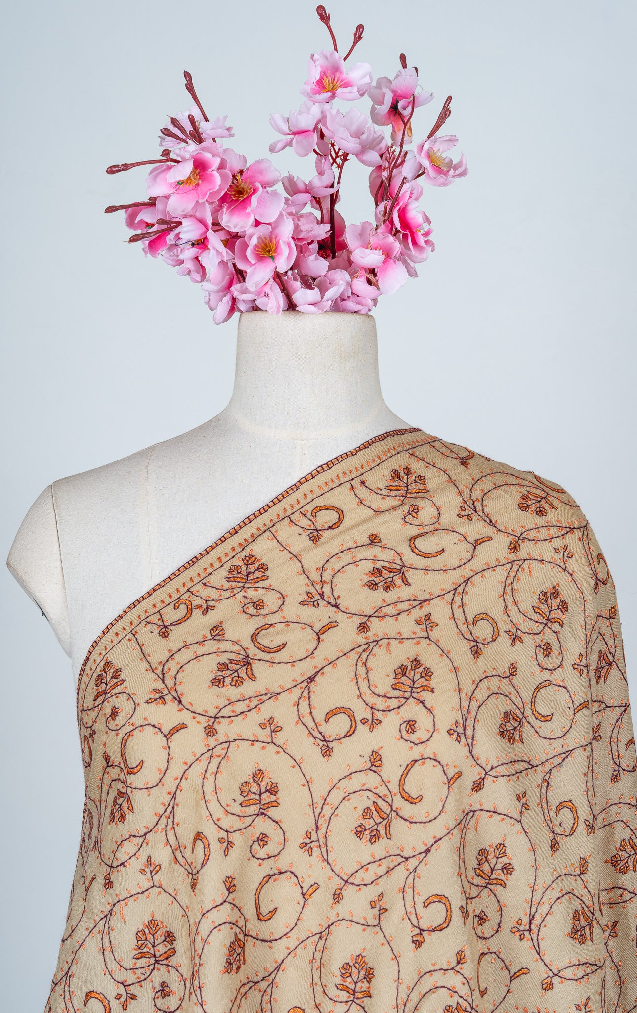 Sandstone Vine Sozni Hand Embroidered Merino Wool Shawl