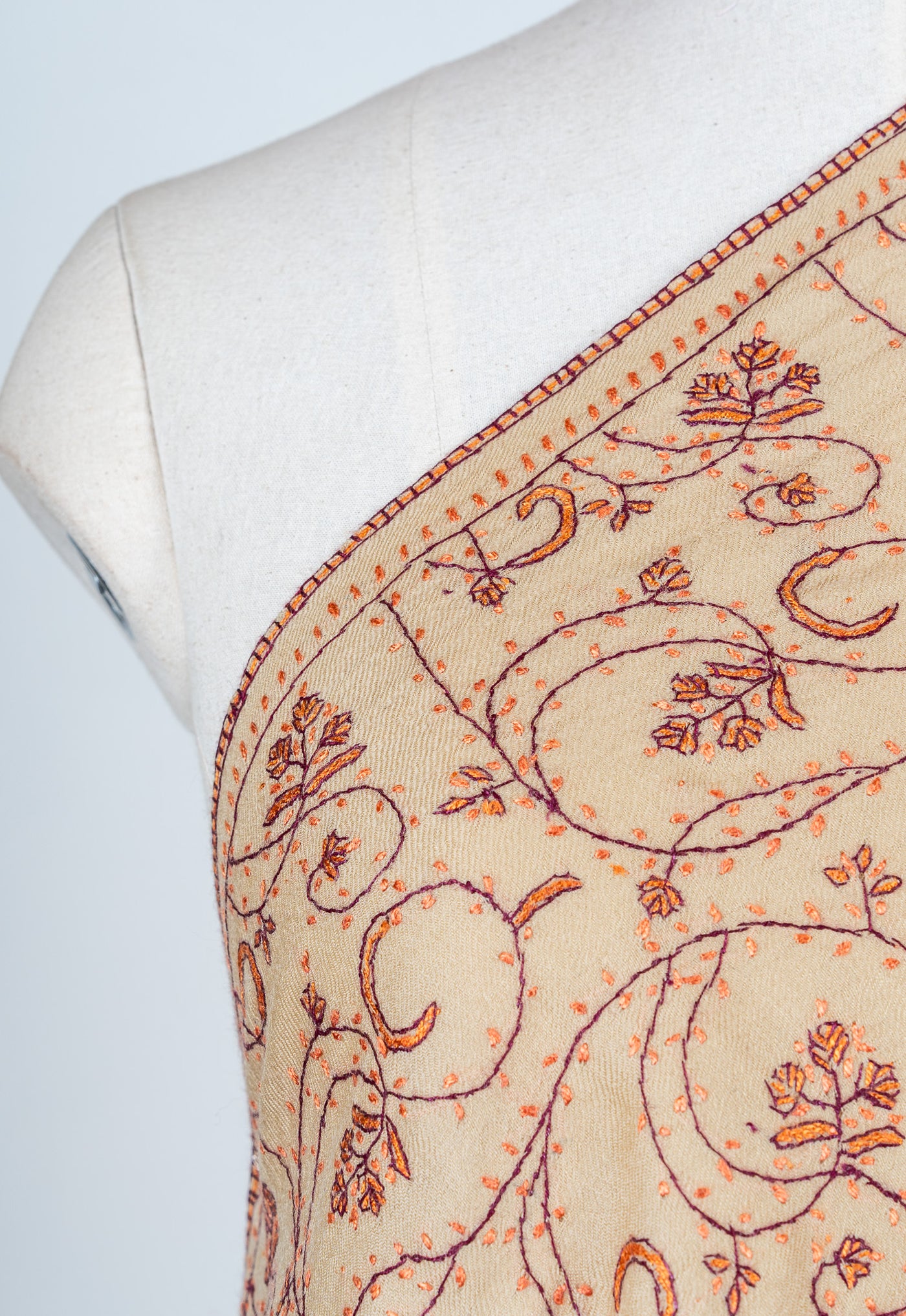 Sandstone Vine Sozni Hand Embroidered Merino Wool Shawl