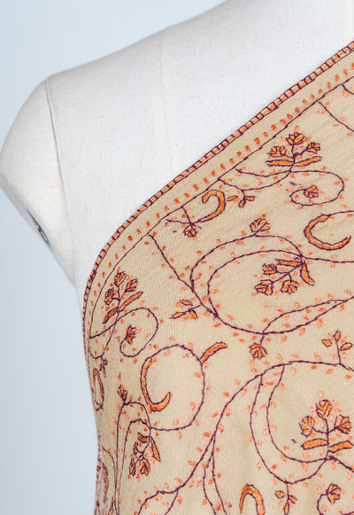 Sandstone Vine Sozni Hand Embroidered Merino Wool Shawl