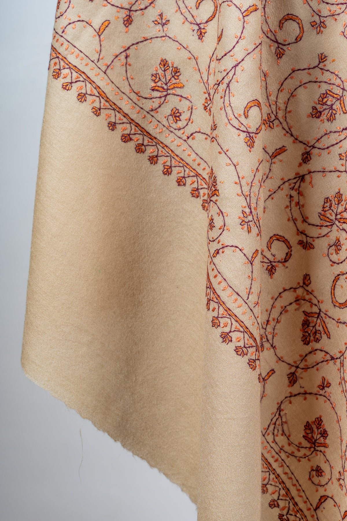 Sandstone Vine Sozni Hand Embroidered Merino Wool Shawl