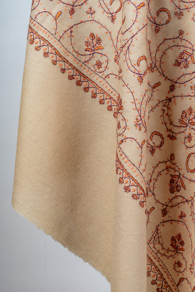 Sandstone Vine Sozni Hand Embroidered Merino Wool Shawl