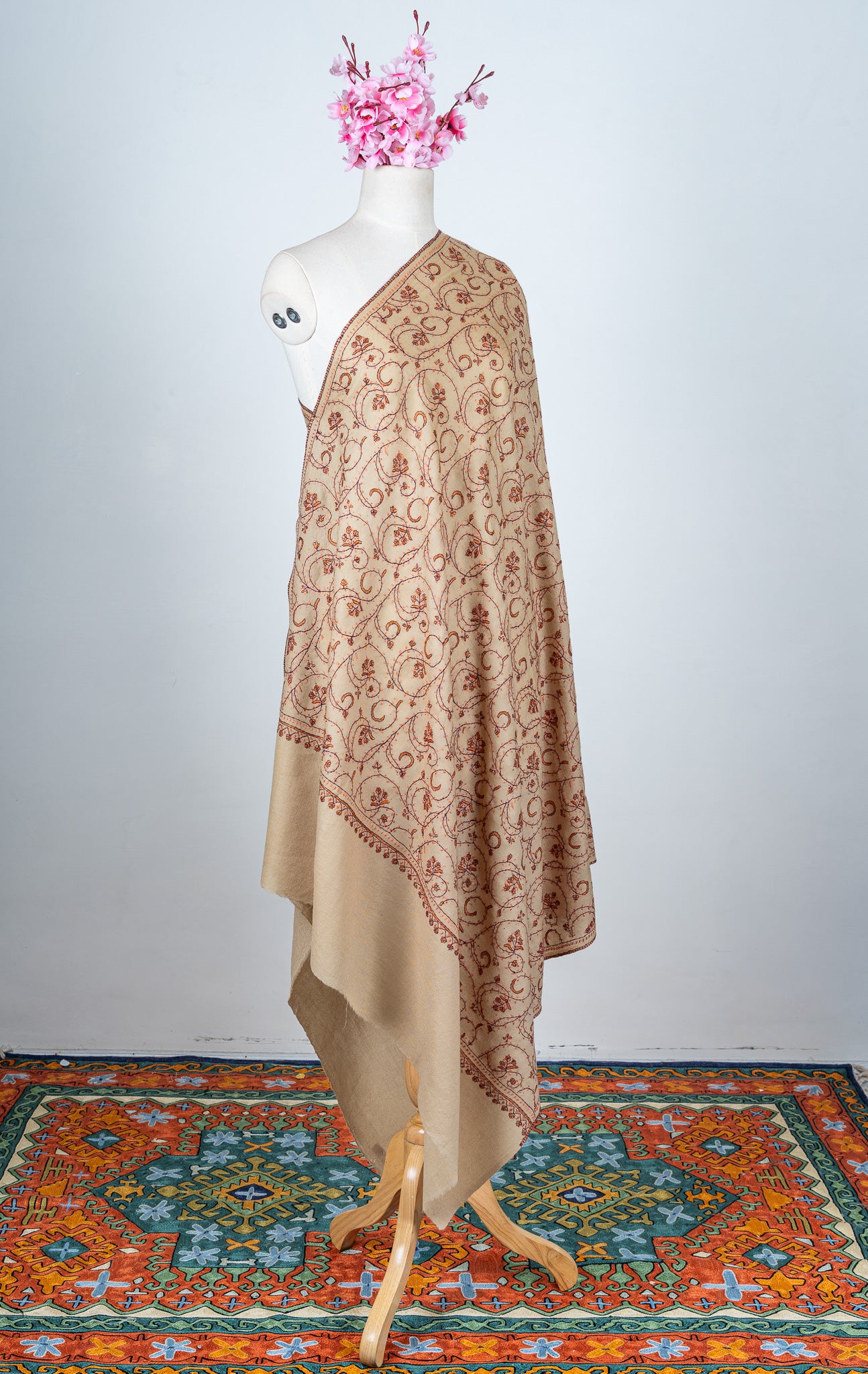 Sandstone Vine Sozni Hand Embroidered Merino Wool Shawl