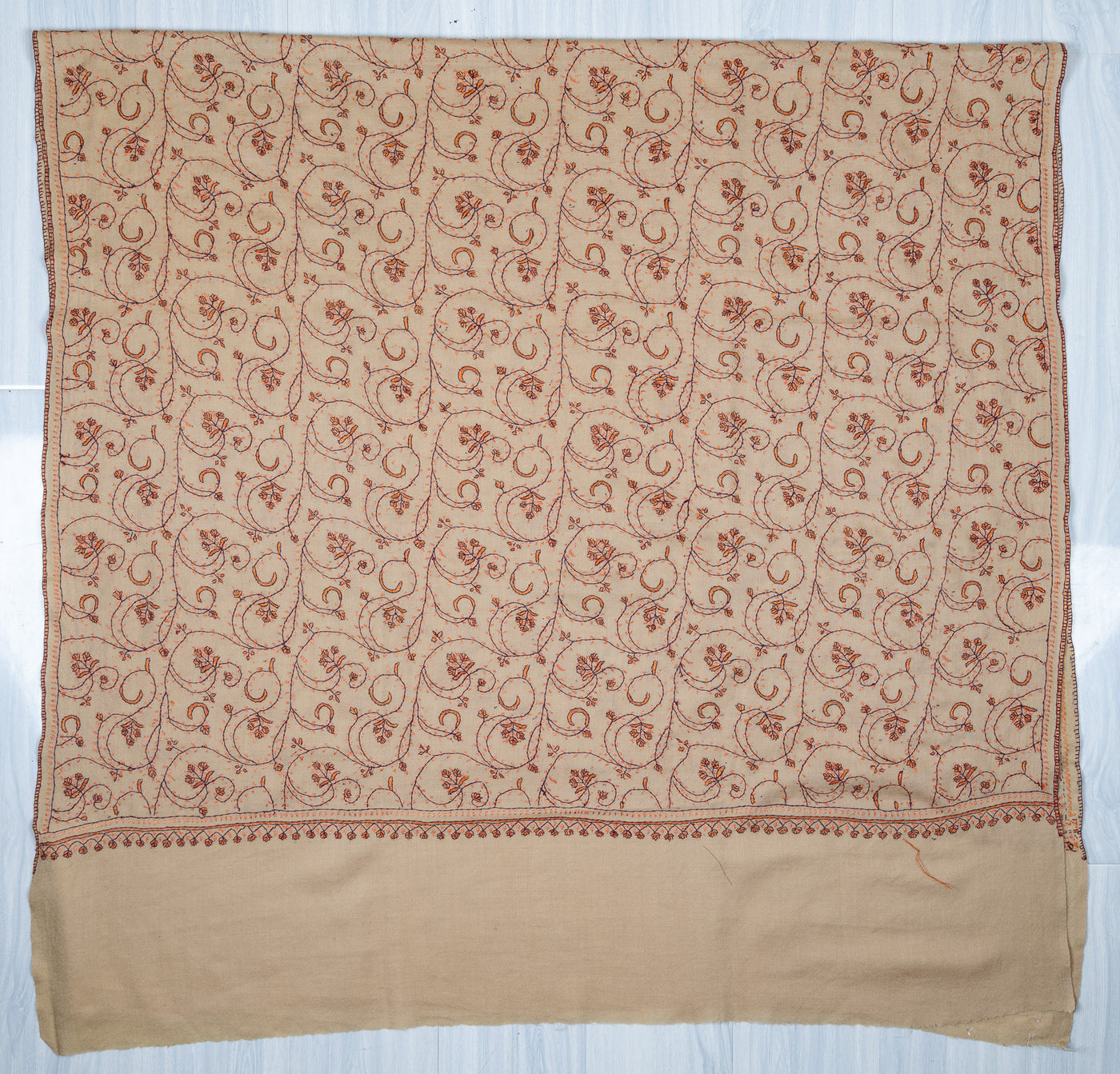 Sandstone Vine Sozni Hand Embroidered Merino Wool Shawl