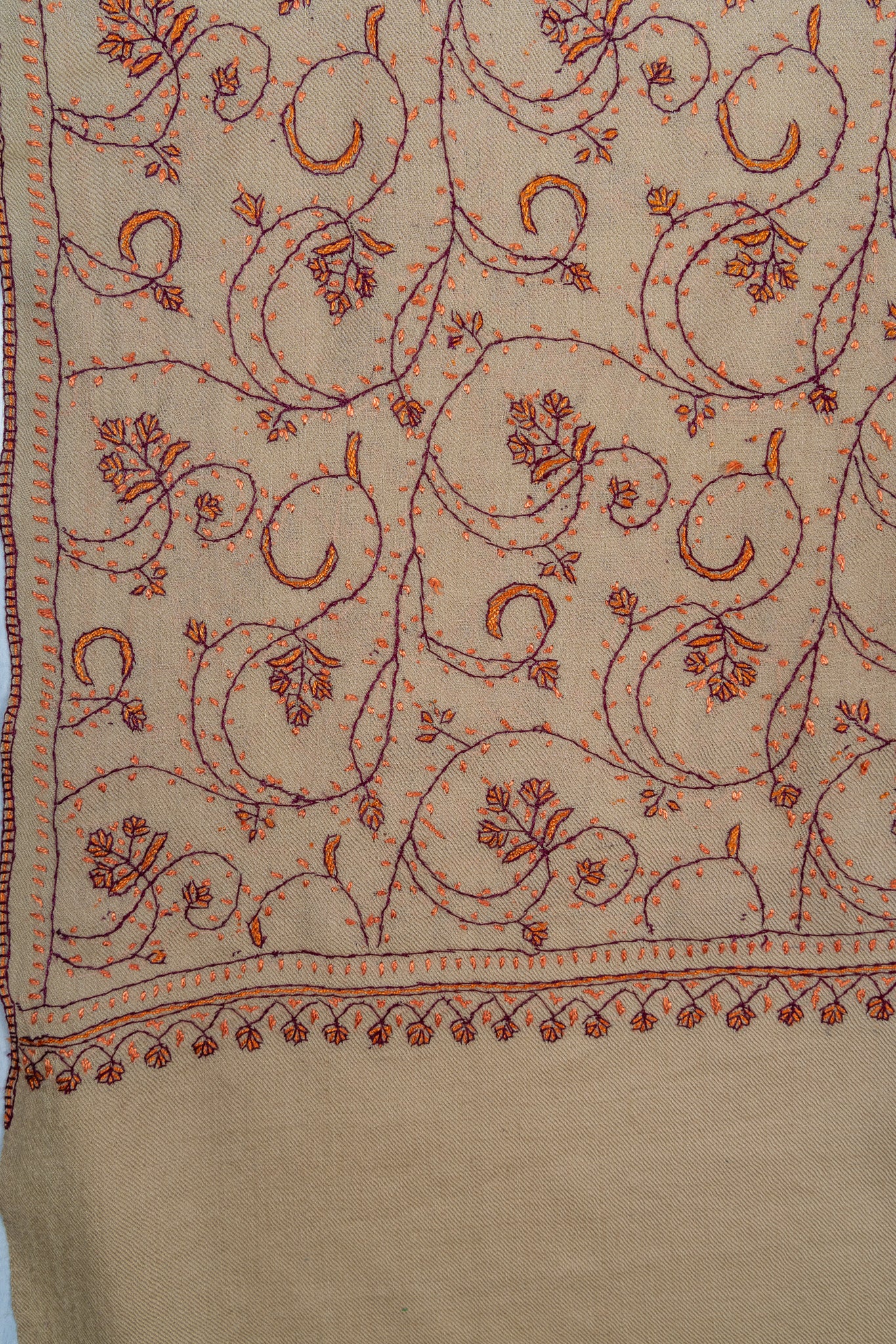 Sandstone Vine Sozni Hand Embroidered Merino Wool Shawl
