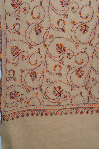 Sandstone Vine Sozni Hand Embroidered Merino Wool Shawl